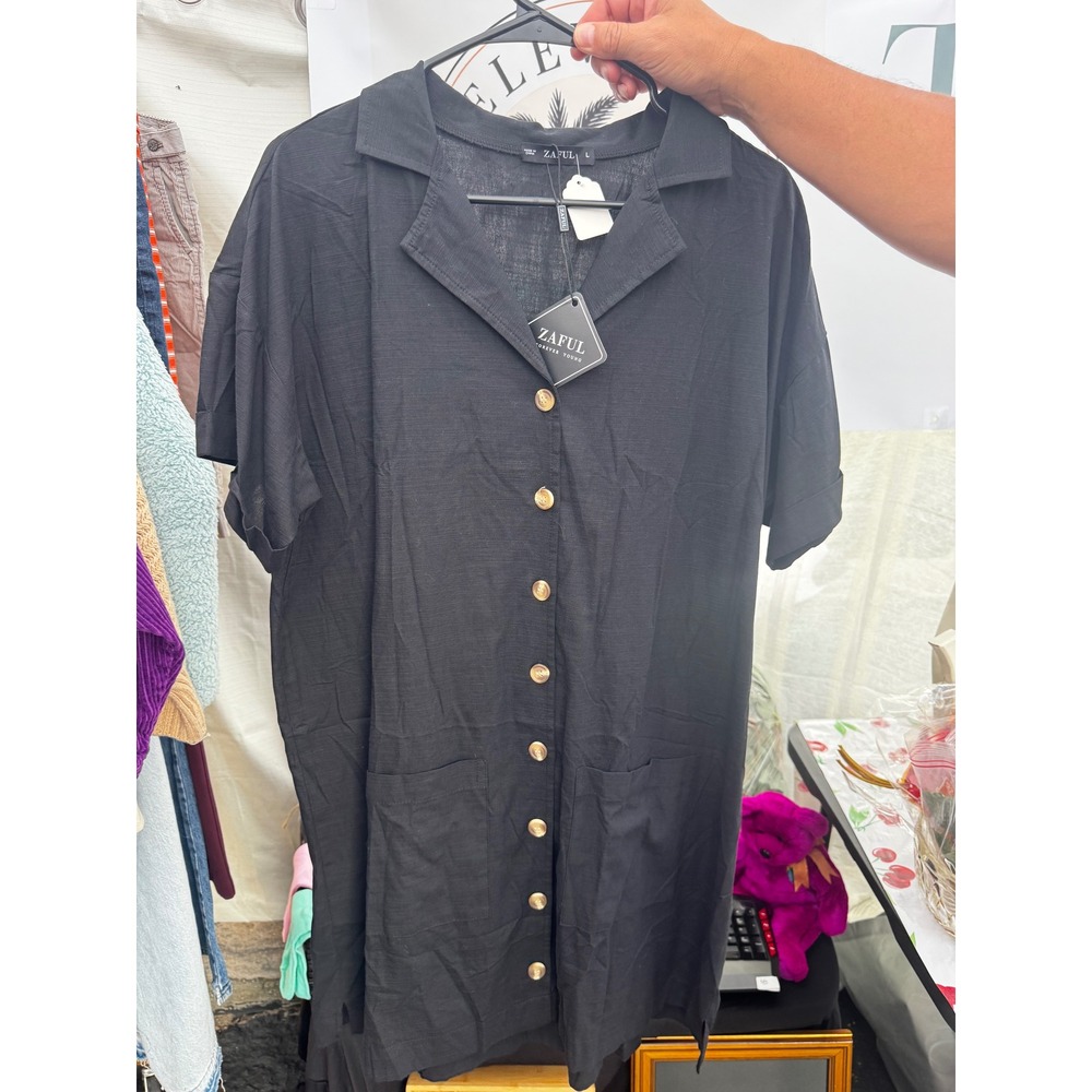 Zaful Black Short Sleeve Button Down Shirt Dress Cotton Rayon Blend NWT Size L